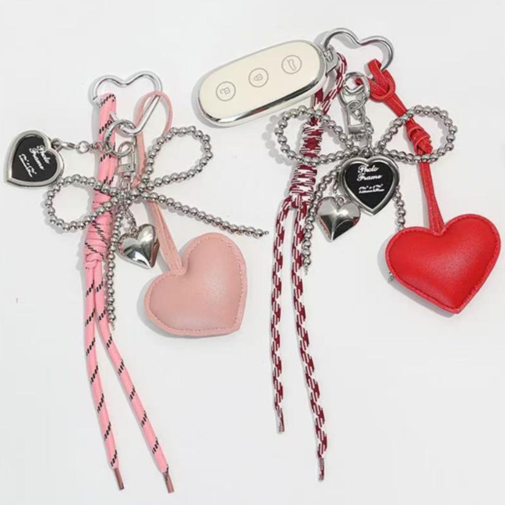 Glossy Leather Heart Keychain Faux Pearls Bowknot Braided Rope Car Keyring Bag Charm Gift Accessory for Women Girls