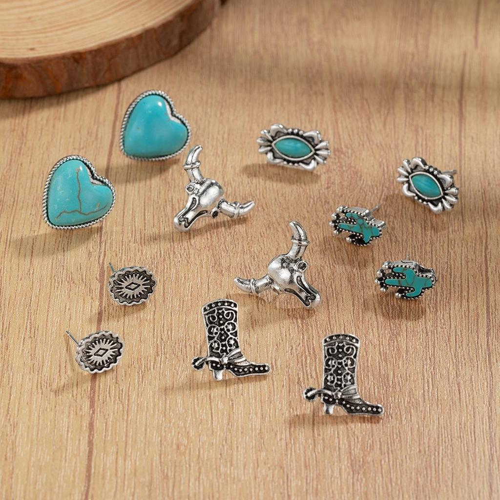 Retro Ethnic Turquoise Flower Cowboy Hat & Cactus Earrings Set – Ideal for Commuting