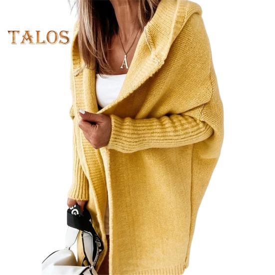 Women Sweater Coat Hooded Long Sleeve Ribbed Cuffs Open Front Knitting Coat Solid Color Mid-length Sweater Cardigan
