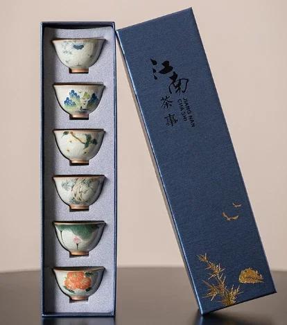 

6 Cups and 1 Set of Ge Yao Tea Cups Hand-painted Flowers Kung Fu Tea Sets Ceramic Master Cup Sets Business Gifts