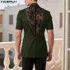 INCERUN Oversized Men Lapel Neck Short Sleeve Back Lace Casual Blazer Tops