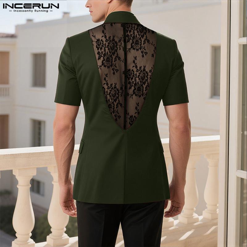 INCERUN Oversized Men Lapel Neck Short Sleeve Back Lace Casual Blazer Tops
