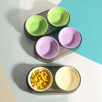 Transparent Ins Wind Macaron Color Cat and Dog Feeding Bowl Water Food Integrated Cat and Dog Eating Utensils Anti-overturning Double Bowls for Pets