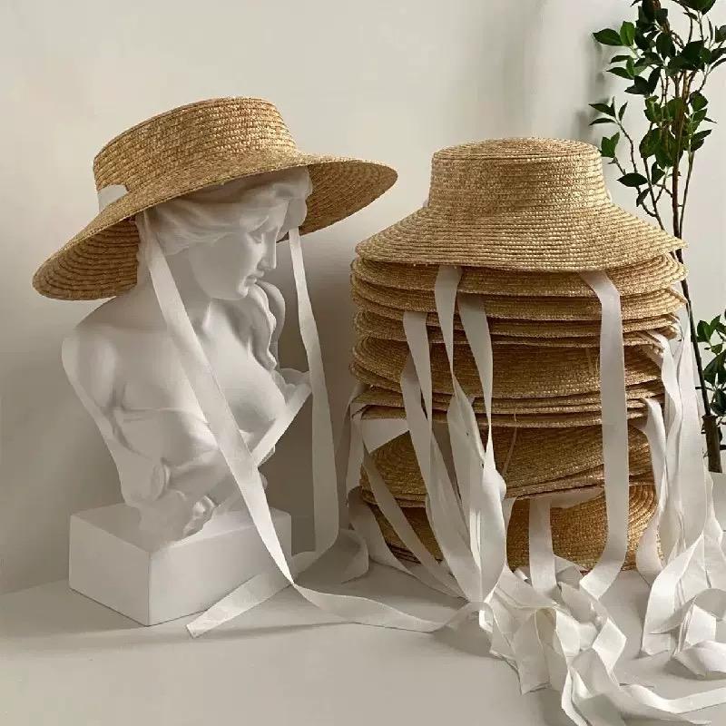 New 10cm Straw Hat For Women Black Ribbon Flat Top Straw Hat Ladies Summer Vacation Sunscreen Sun Hat Wide Brim Casual Girls Cap