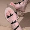 Bow Rhinestone French Beautiful Small Heel Sandals Women'S Summer Wear With Skirt Small Man Looks Tall Roman Shoes