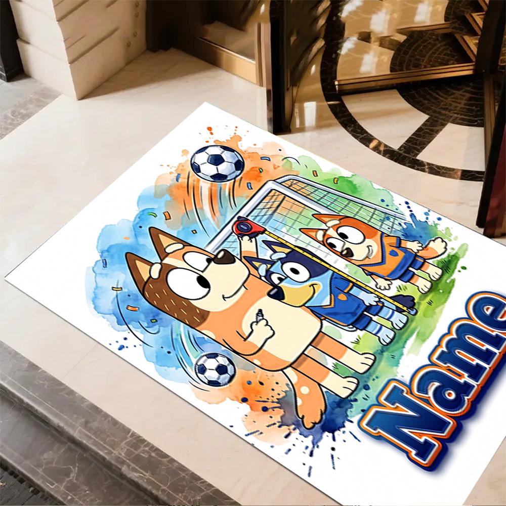 Bluey's Soccer Fun Customizable Name Carpet Design for Outdoor Balcony Hallway Decorate room Anti-slip Rug Anime Office Decor