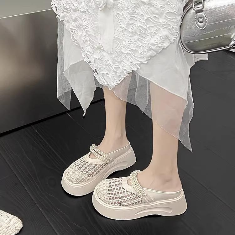 2025 New Thick-soled Heightening Pearl Super Fire One-pedal Bag Head Half Slippers Women's Summer Outer Wear Hollow Cool Slippers