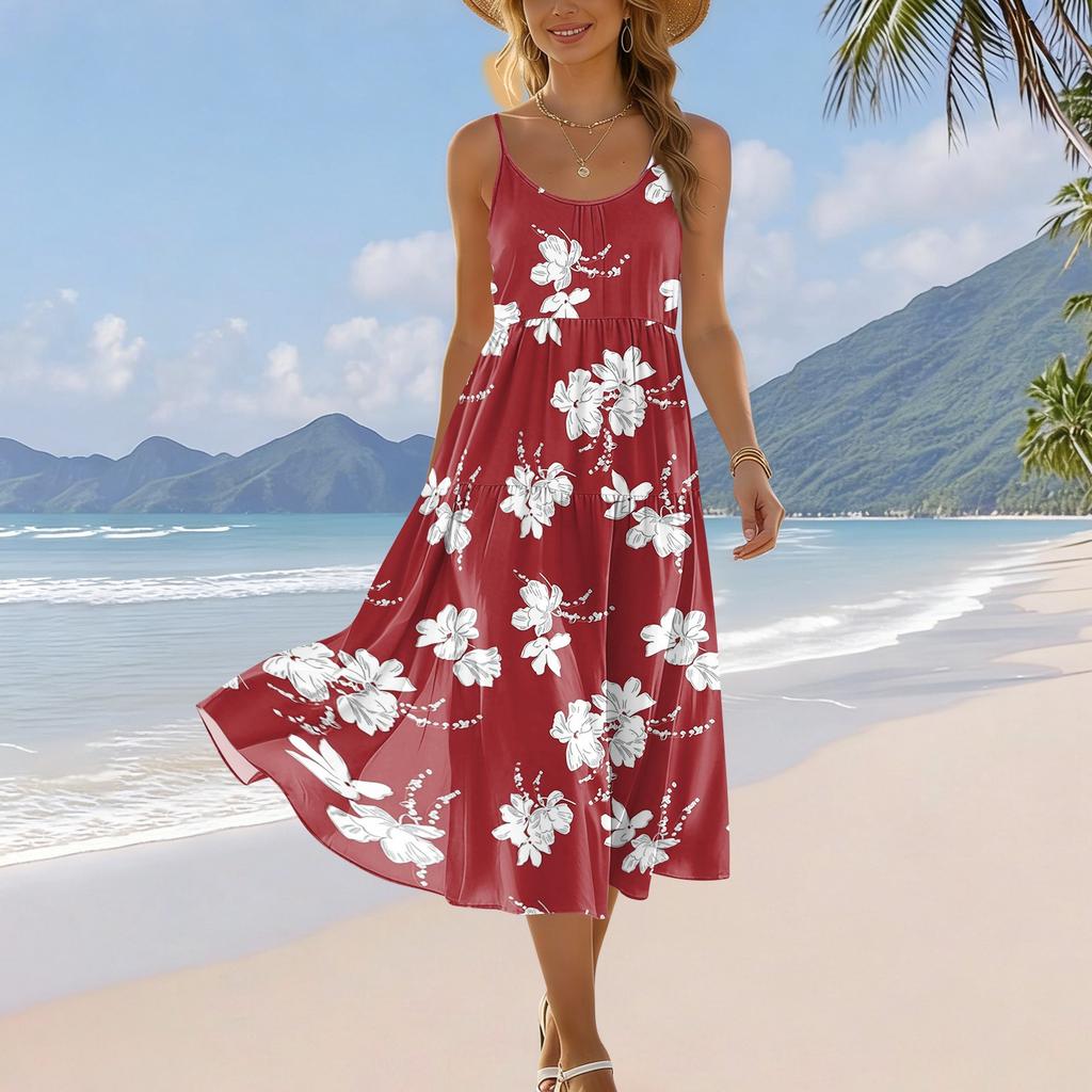 Women's Summer Floral Print Adjustable Strap Bohemian Casual Beach Holiday Midi Dress with Pockets for Relaxed Outings