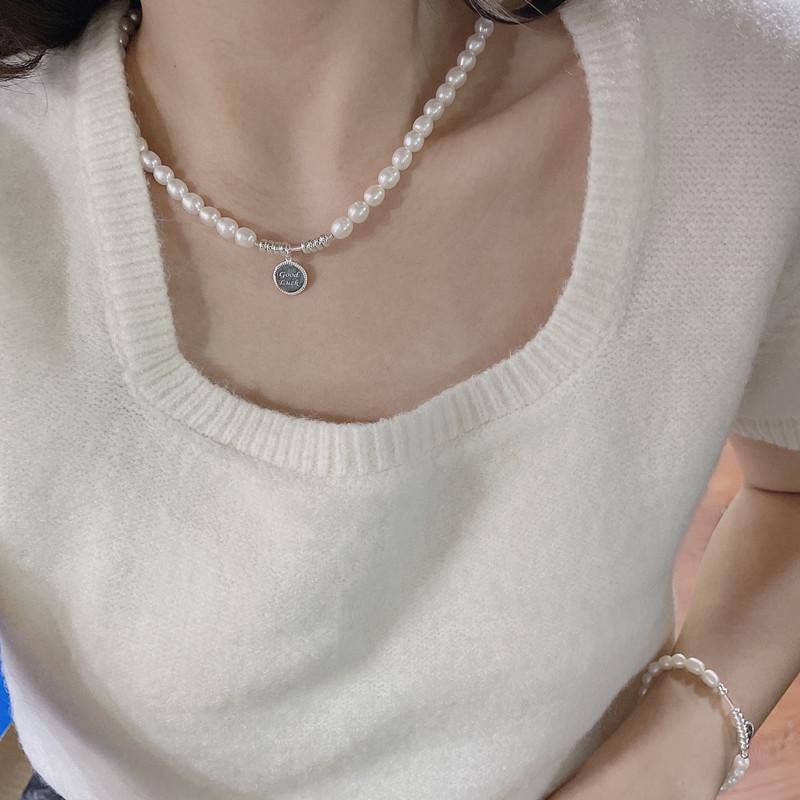 S925 Sterling Silver Freshwater Pearl Retro Handmade Good Luck Necklace & Bracelet Set - Fashionable Simple Clavicle Chain