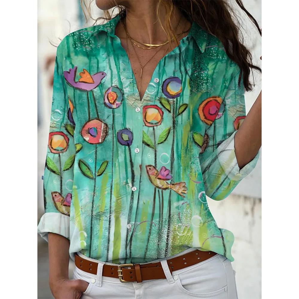 Autumn Women's Flower Print Shirt Fashion Button Top Slim Fit Comfortable Women's Button V-neck Casual Long Sleeve Shirt