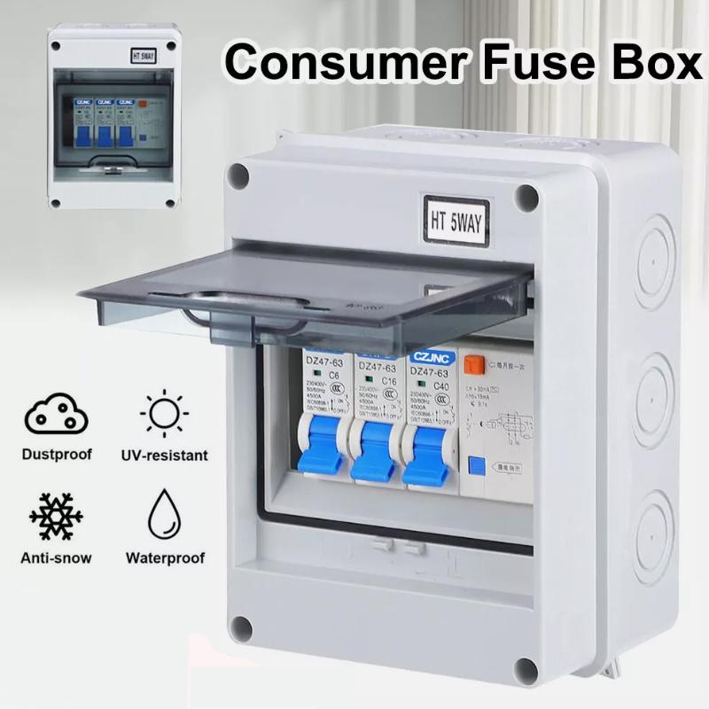 5 Way Garage Caravan Campervan IP65 Weatherproof Consumer Unit Enclosure 25A 30mA RCD MCB Fuse Box
