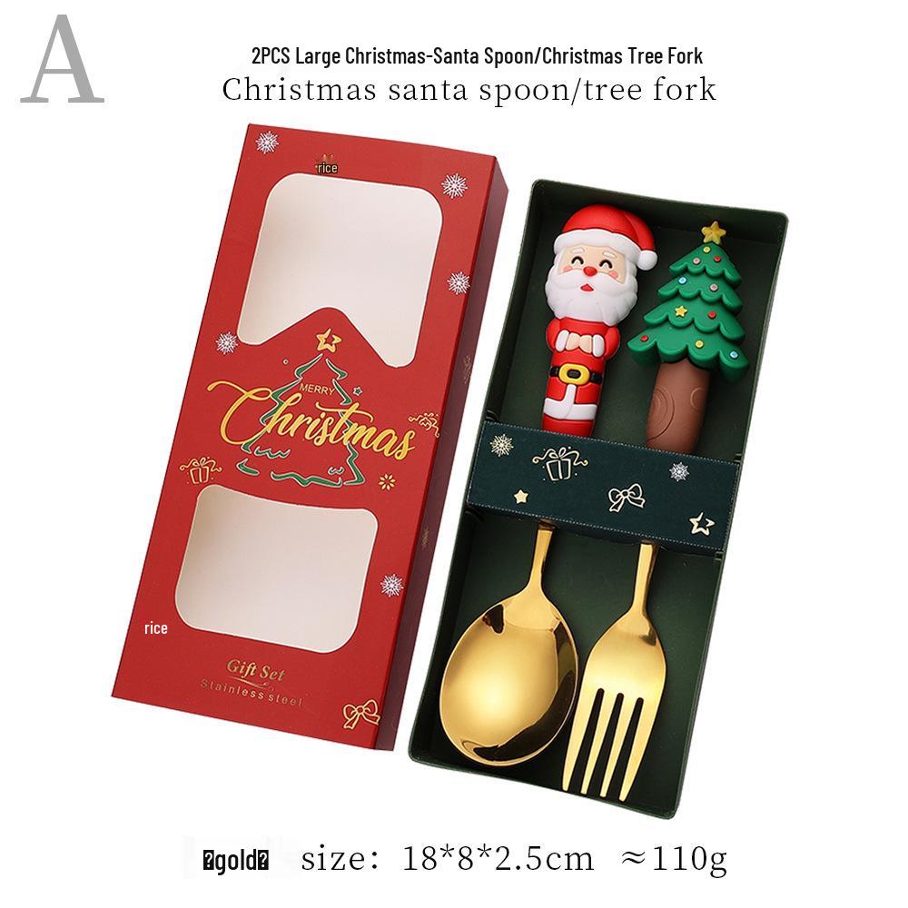 Reindeer Cartoon Christmas Spoon & Fork Set - Cute Stainless Steel Gift in Color Box