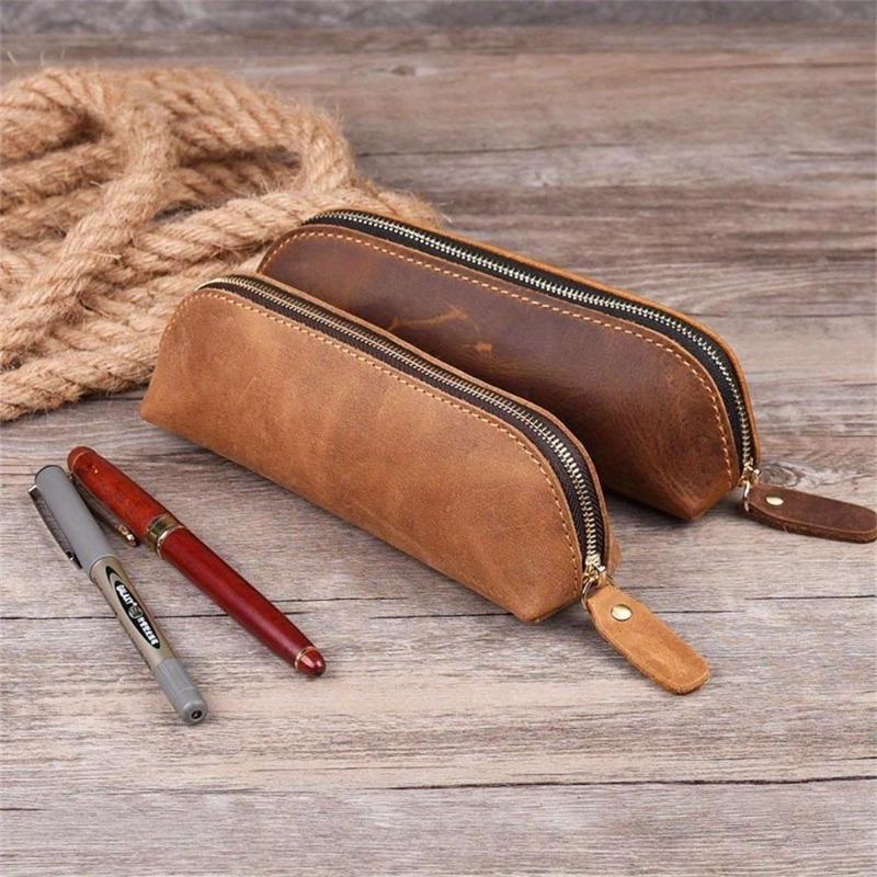 Vintage Leather Pencil Bag Simple Stationery Holder Pen Case Storage Bag Zipper Pencil Pouch Glasses Box School Supplies