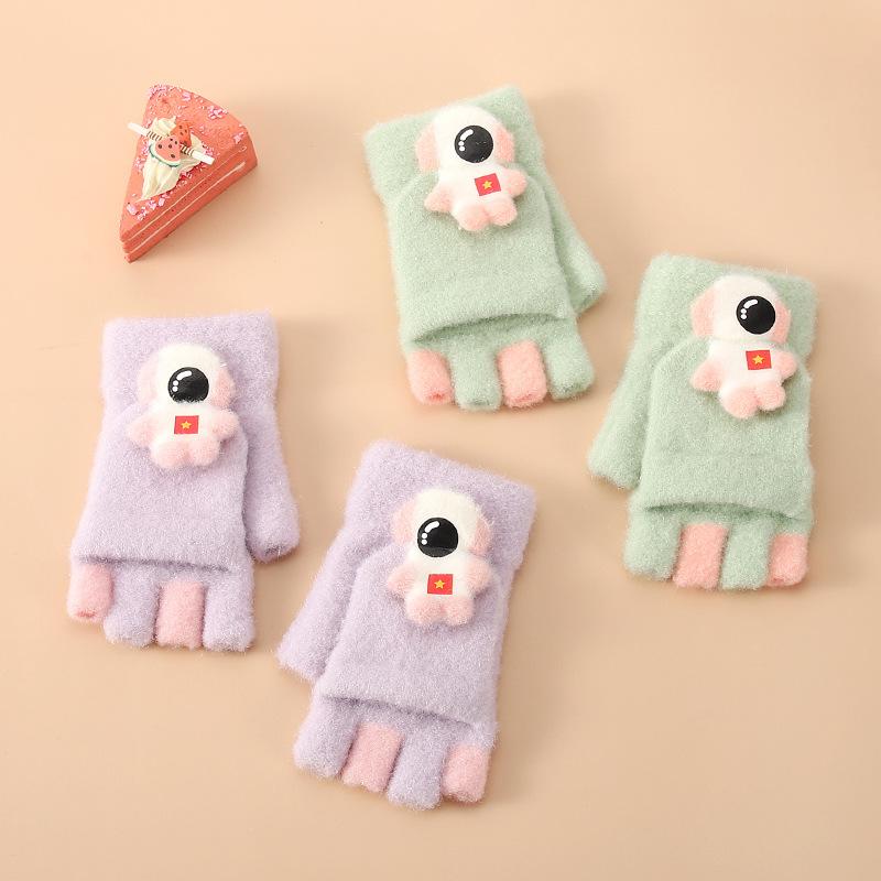 Children's Astronaut Half finger Gloves with Velvet Warm Flip Baby Writing Gloves Cold Proof and Thickened Primary School Students' Gloves