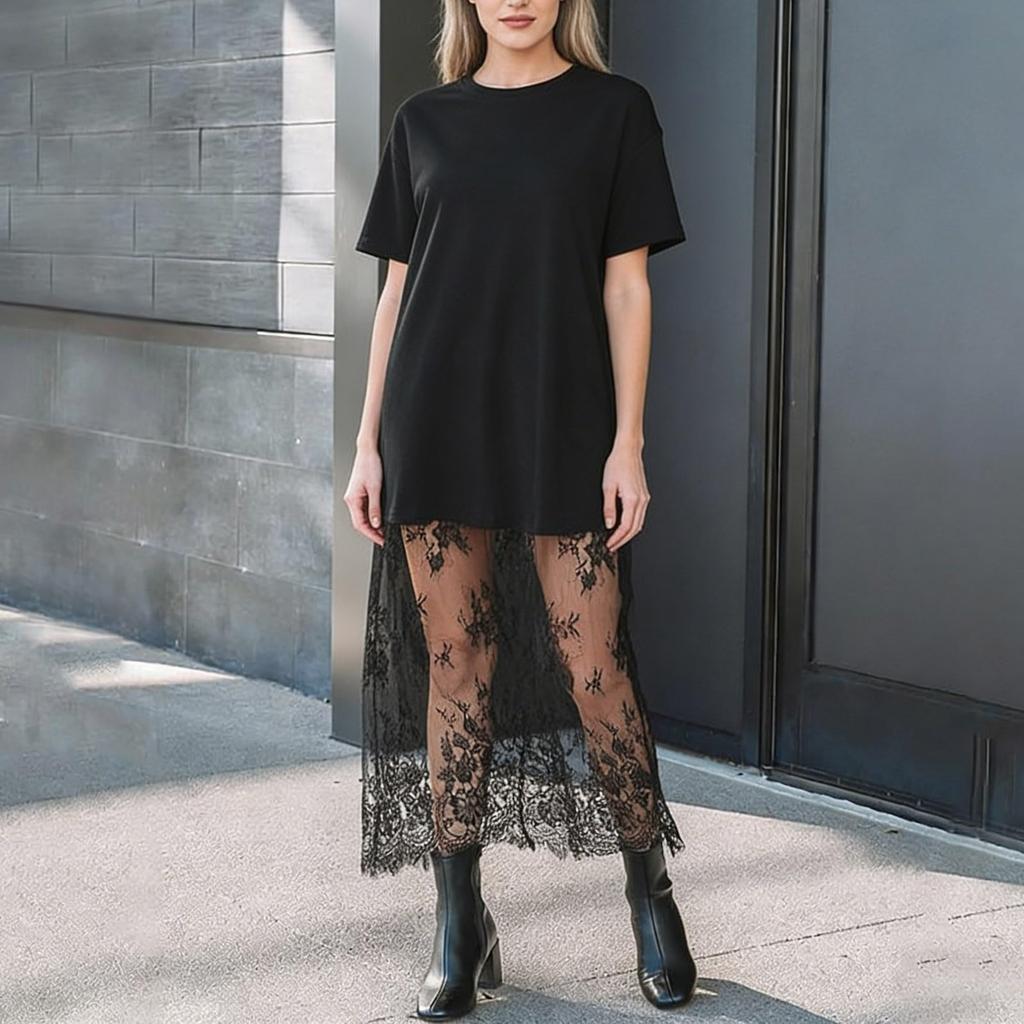 Abito da Donna in Pizzo Manica Corta Girocollo Patchwork T-shirt Abito Lungo Estivo Casual Leggero Abito Stratificato