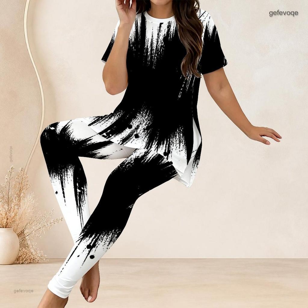 Women Plus Size Two Piece Pant Set Round Neck Short Sleeve Black White Printed Long Top Fitted Pants