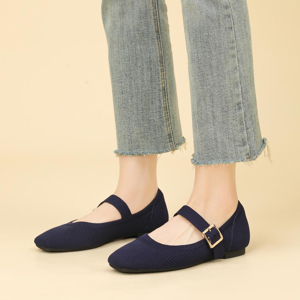Fashion square toe mixed color knitted flats women ankle strap mary janes shoes spring summer weaving moccasins for woman cozy loafers