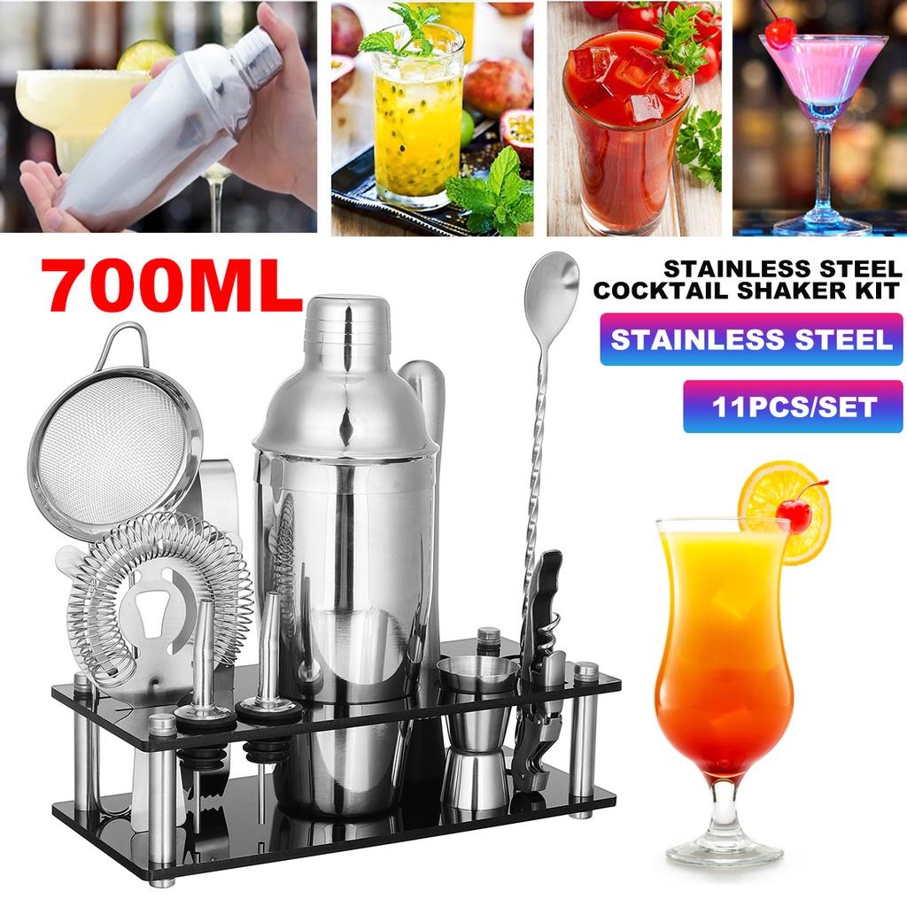 700ml Stainless Steel Cocktail Set Boston Shaker Mixer Drink Making Tool Kit 11pcs for Home Bar Use Black+Silver