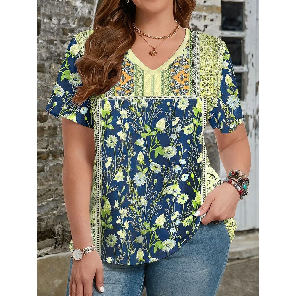 Ethnic Style T-Shirts Vintage Floral 3D Print Women's V-Neck Short Sleeve T Shirt Y2k Harajuku Tees Casual Tops Female Clothing