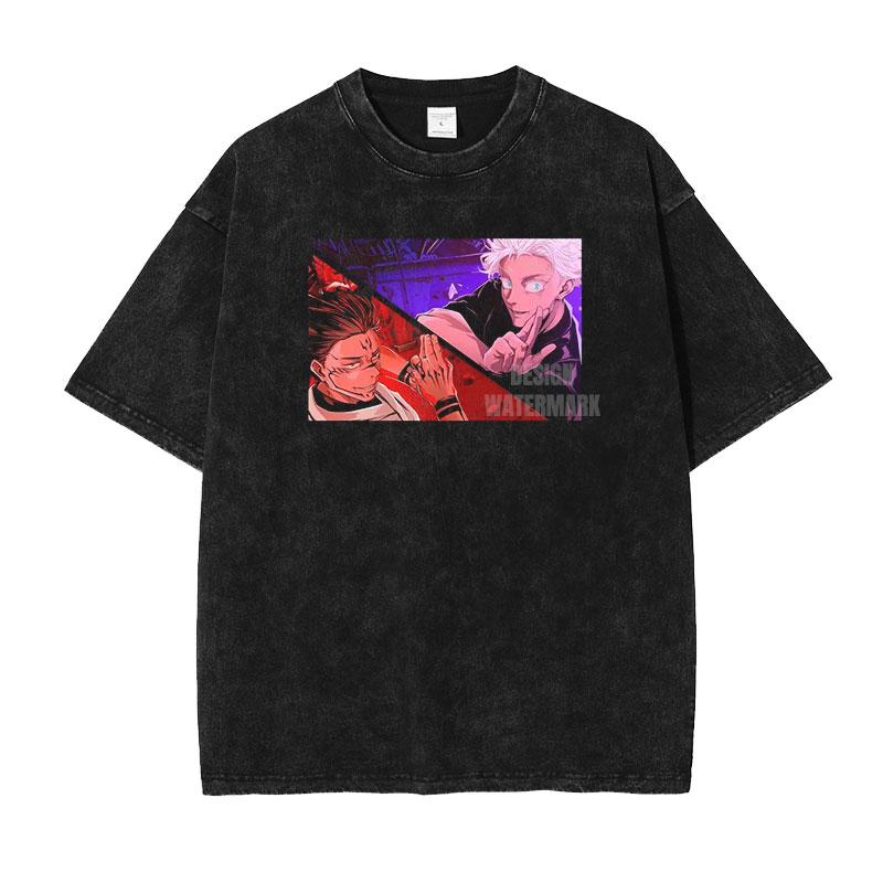 Anime Jujutsu Kaisen Gojo Satoru Geto Suguru Printed Tshirt Men Vintage Washed T-shirts Manga Tee Harajuku Male Cotton T Shirt