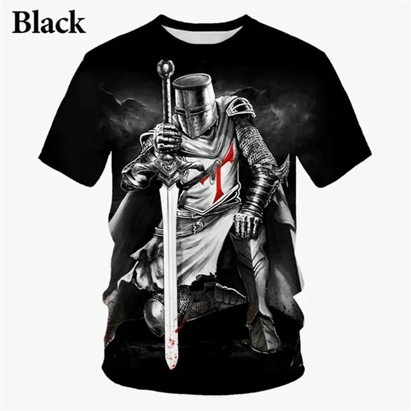 New Knight Templar 3D Printed Men's Fashion T-Shirt, Vintage Cross Pattern, Short Sleeve, Summer Cool Top, Men's Street Style