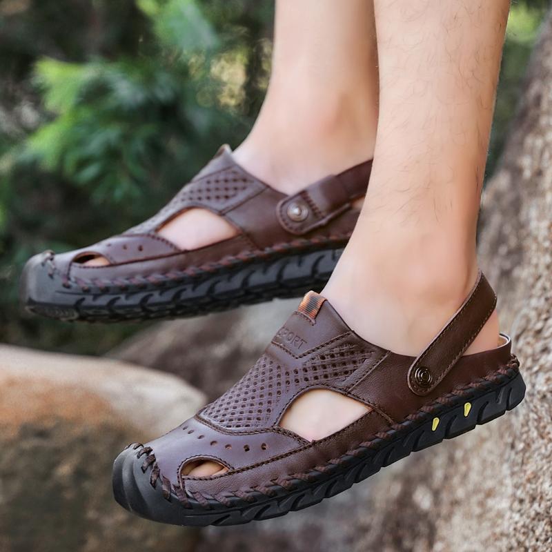 Sandales de randonnée pour hommes Sandales en cuir noir Sandales d'été d'extérieur Sandales romaines à bout large Marron Chaussures de plage Chaussures d'eau Grande taille