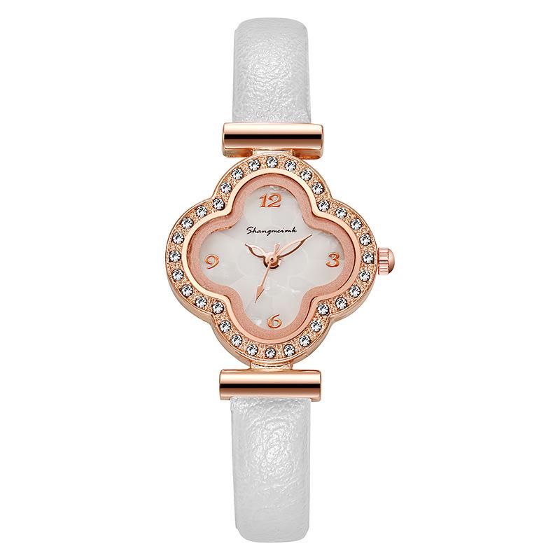 

Роскошные женские кварцевые часы Shangmei Четырехлистный клевер белый