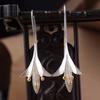 Two-tone Silver & Gold Lily Flower Drop Earrings, Brushed Metal Floral Dangle Earrings for Women