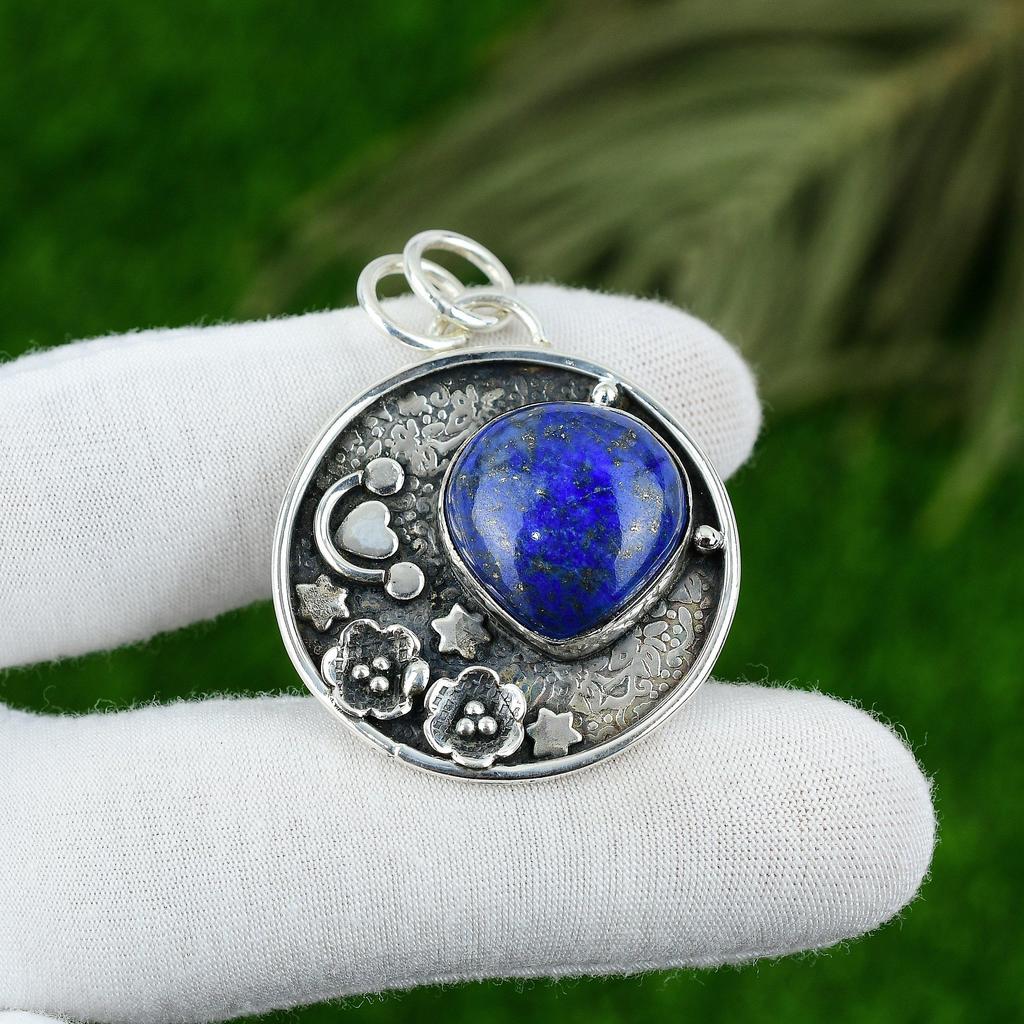 Natural Lapis Lazuli Gemstone Pendant 925 Sterling Silver Indian Jewelry