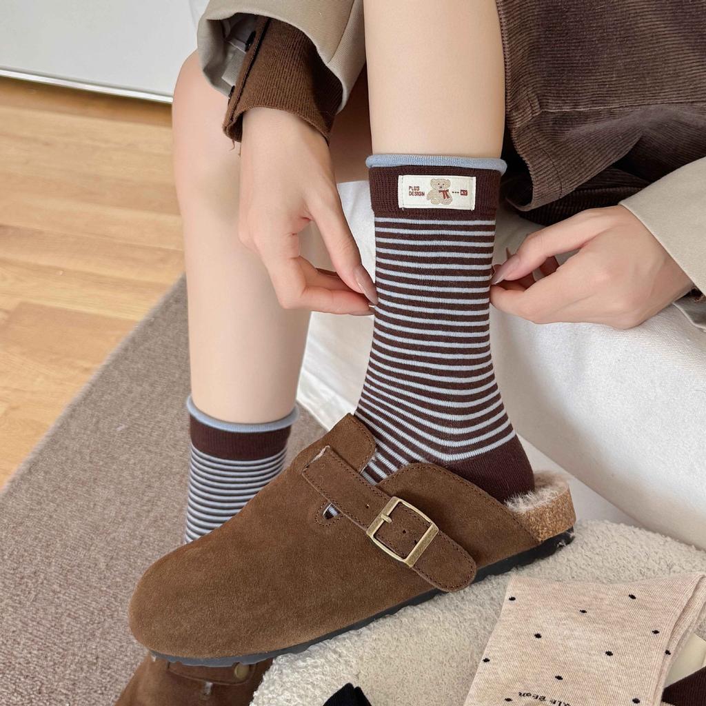 Polka Dot Striped Cartoon Bear Cloth Label Socks Internet Celebrity Maillard Coffee Color Double Mouth Contrasting Color Medium Tube Stacking Socks
