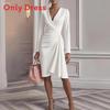 Elegante Vestito a Maniche Lunghe da Donna con Scollo a V e Design Spliced per l'Ufficio