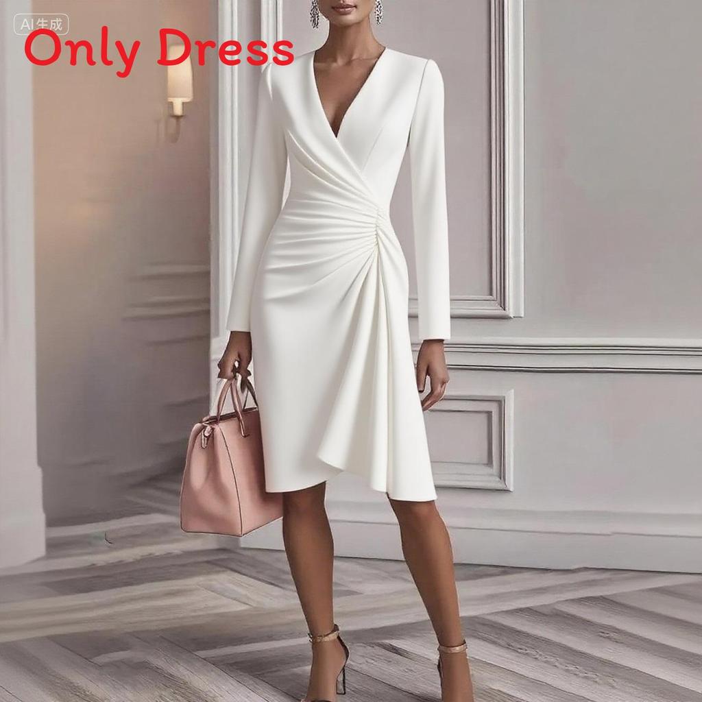 Elegante Vestito a Maniche Lunghe da Donna con Scollo a V e Design Spliced per l'Ufficio