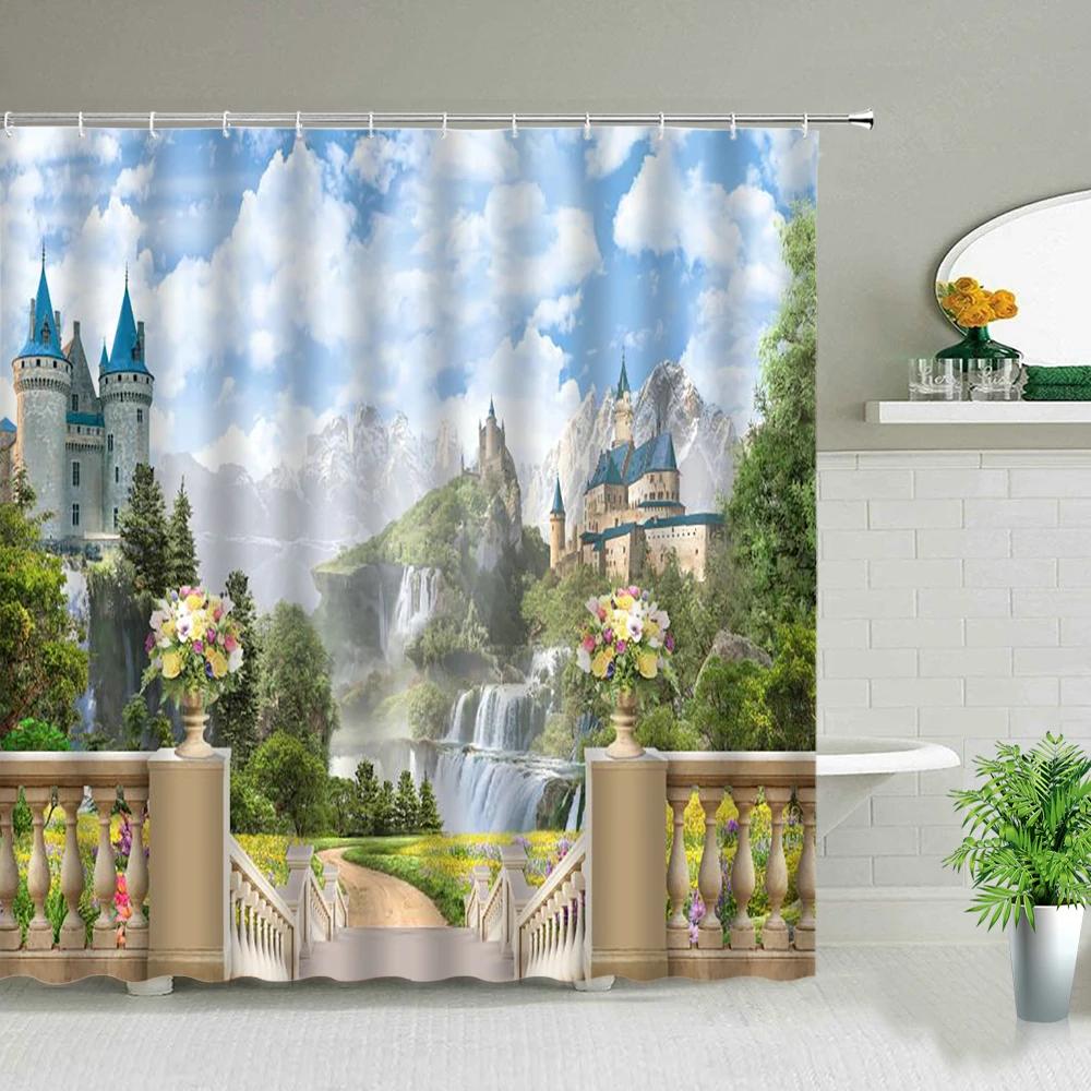 Ocean Scenery Shower Curtains Ldyllic Building Flower Plant Spring Landscape Bathroom Curtain Waterproof Fabric Bathtub Screen