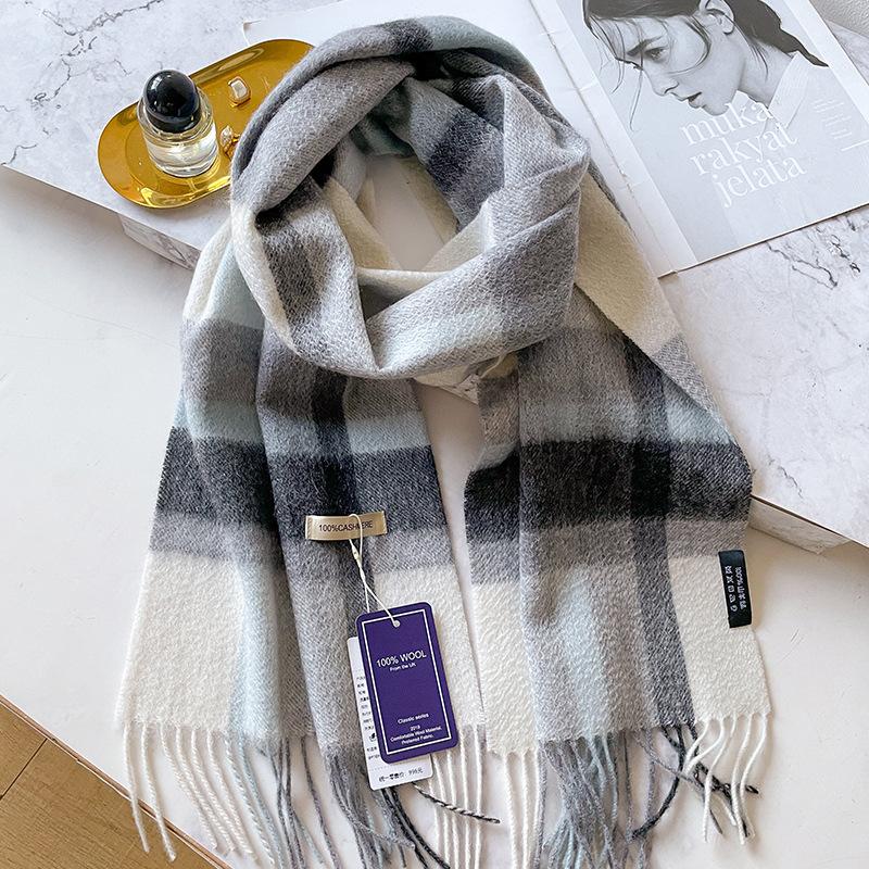 People Mom and Dad Winter Men's and Women's Thickened High-end Men's Pure Cashmere Scarf Plaid Long Grey