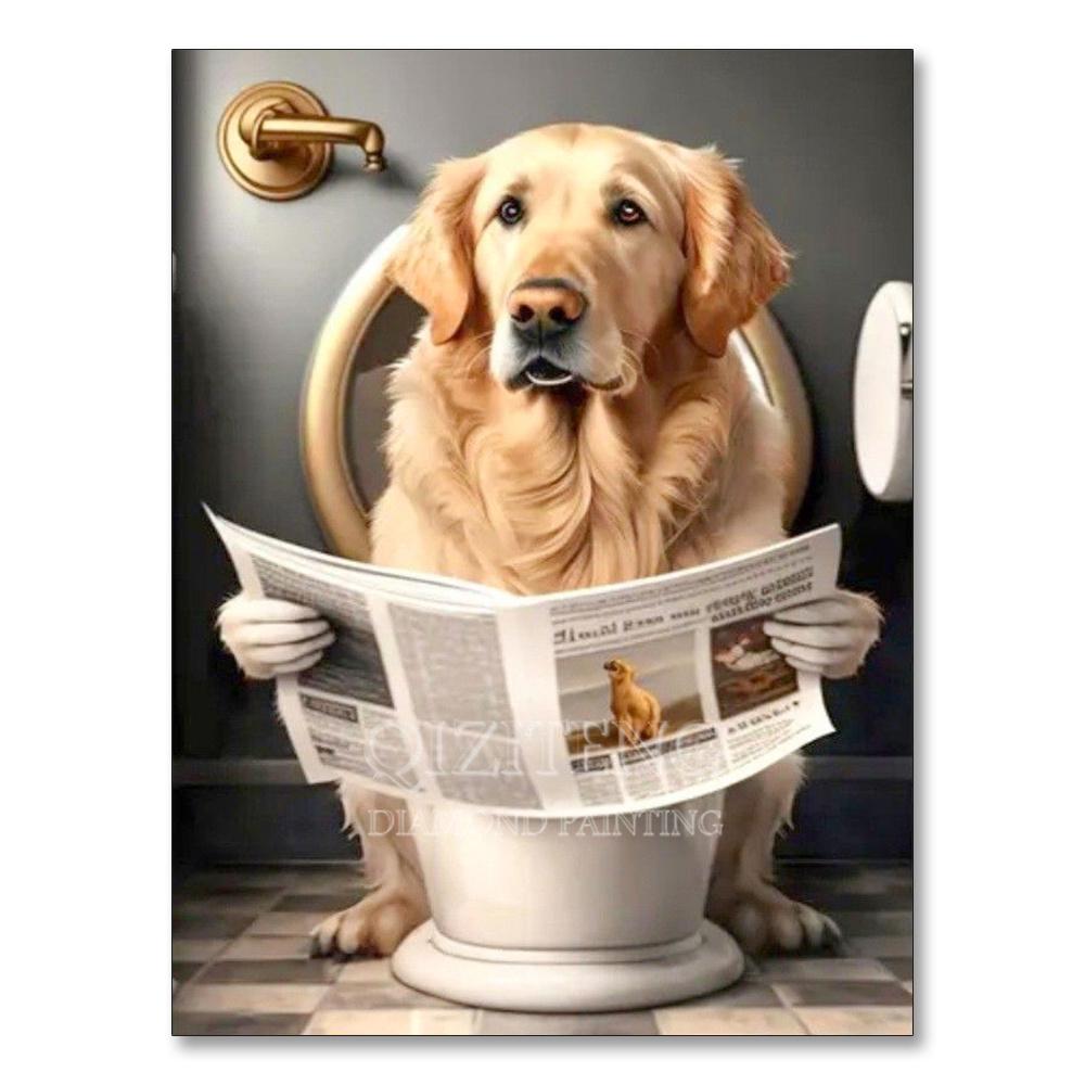Dog Diamond Painting Cat Toilet Cartoon Diamond Mosaic Animal Full Round_Square Drill Embroidery Funny Bathroom Wall Decor Art