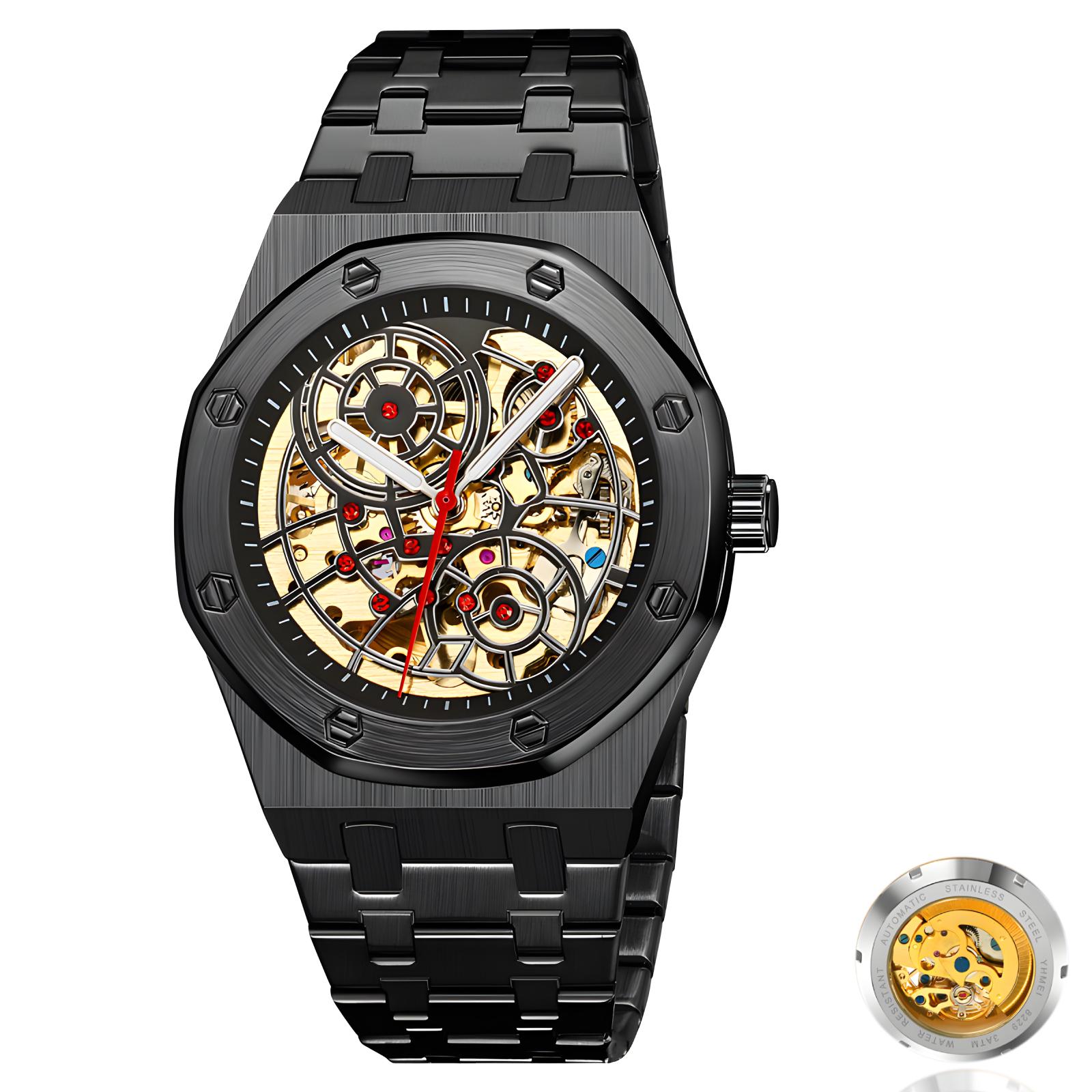 

Мужские автоматические механические часы с неровным ажурным рубиновым циферблатом, водонепроницаемые, светящиеся, модные, роскошные, деловые часы чёрный