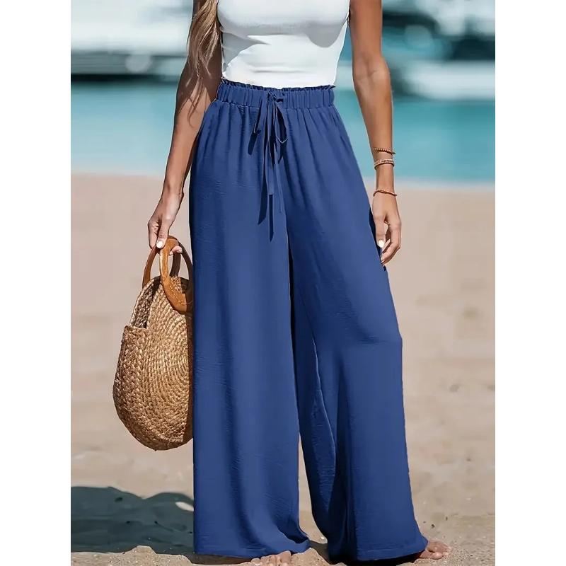 Vacation Style Cotton Linen Wide Leg Pants Women's High Waist Elasto Drawstring Design Loose Dipping Sense Straight Casual Beach