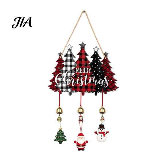 Indoor Holiday Party Supplies Merry Christmas Wooden Wall Door Hanging Sign with Bells, Rustic Santa Snowman Decor Tree Reindeer Decorative
