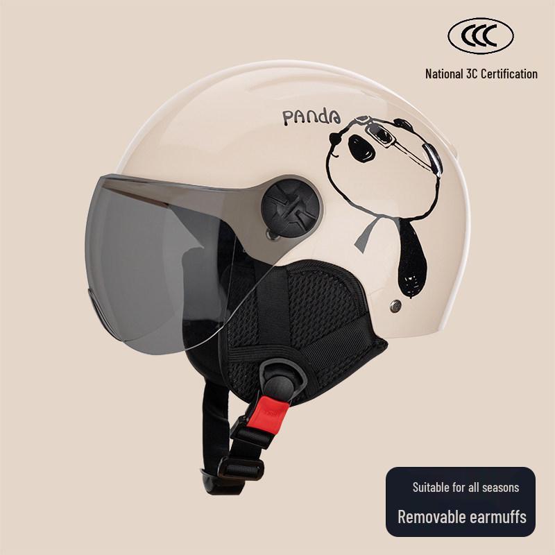 Certified Cute Panda Electric Vehicle Helmet for All Seasons - Unisex Motorcycle & Scooter Half Helmet