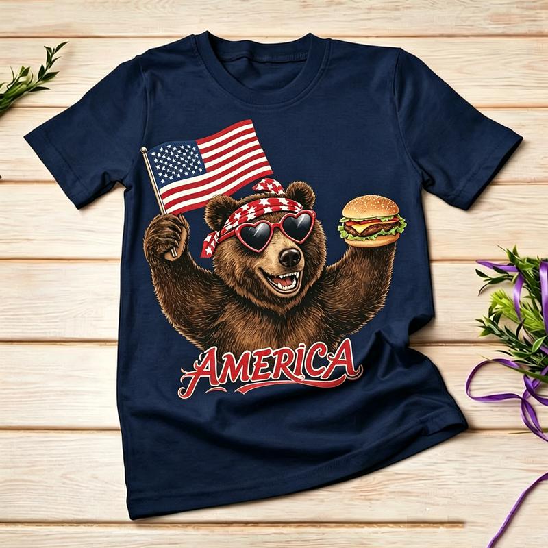 American Flag Bear Burger Graphic TShirt for Unisex Unisex 100 Cotton Casual Summer Streetwear Gift