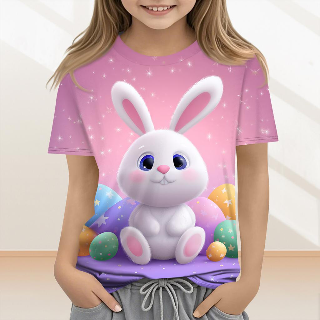 Lässige und modische Osterkleidung für Kinder, mit Hasen, Ostereiern und bedruckten kurzärmeligen Oberteilen und T-Shirts.