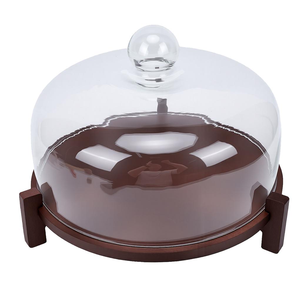 11in Wooden Cake Stand with Lid Elegant Glass Top Cake Stand for Wedding Party Dessert
