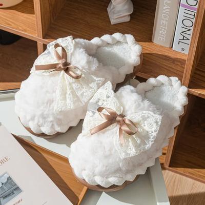 Mode Süße Spitze Schleife Heim Baumwollpantoffeln Damen Einfarbig Dicke EVA-Sohle Indoor-Sandalen Frau Winter Warme Haus Fellpantoffeln