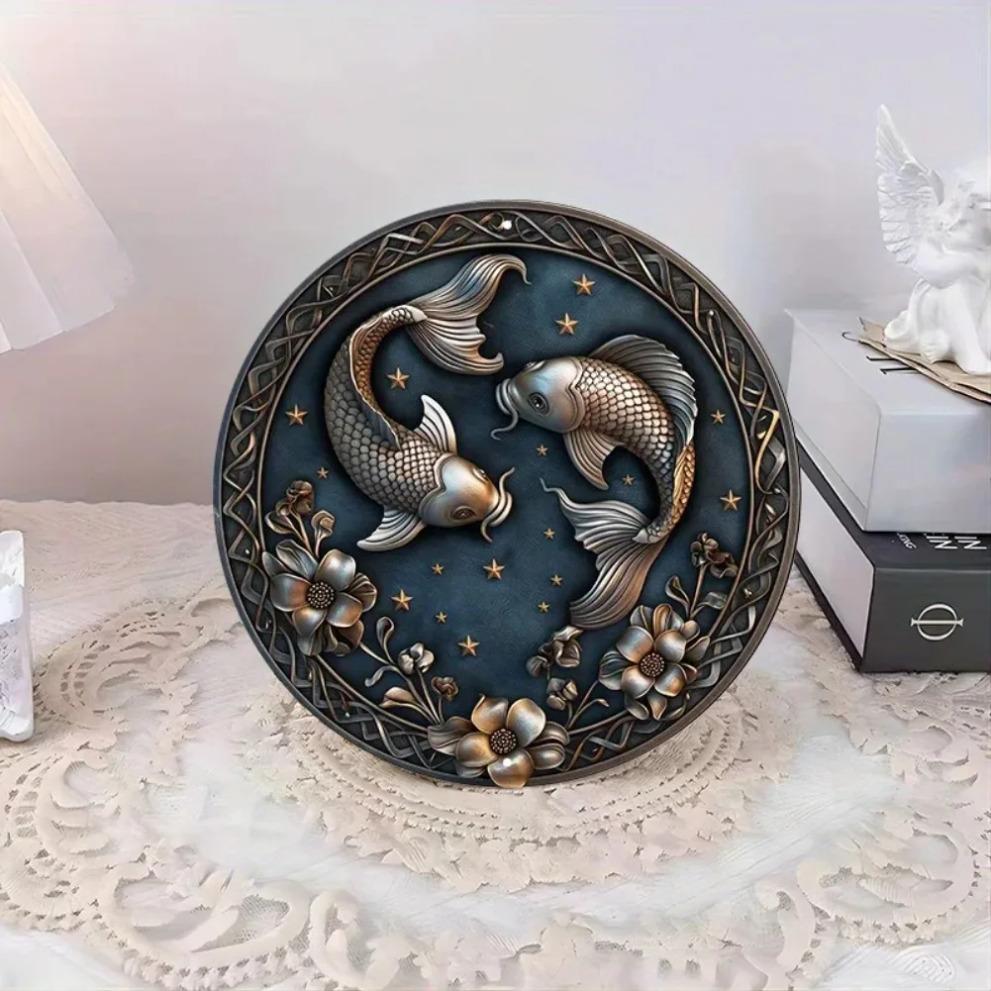 Hisun plechový znak Vintage D efekt Ryba Koi Ryby Kulatý plechový znak Retro Zvěrokruh Šťastný kapr Květinové téma Kovová nástěnná umělecká deska Voděodolná Rustikální