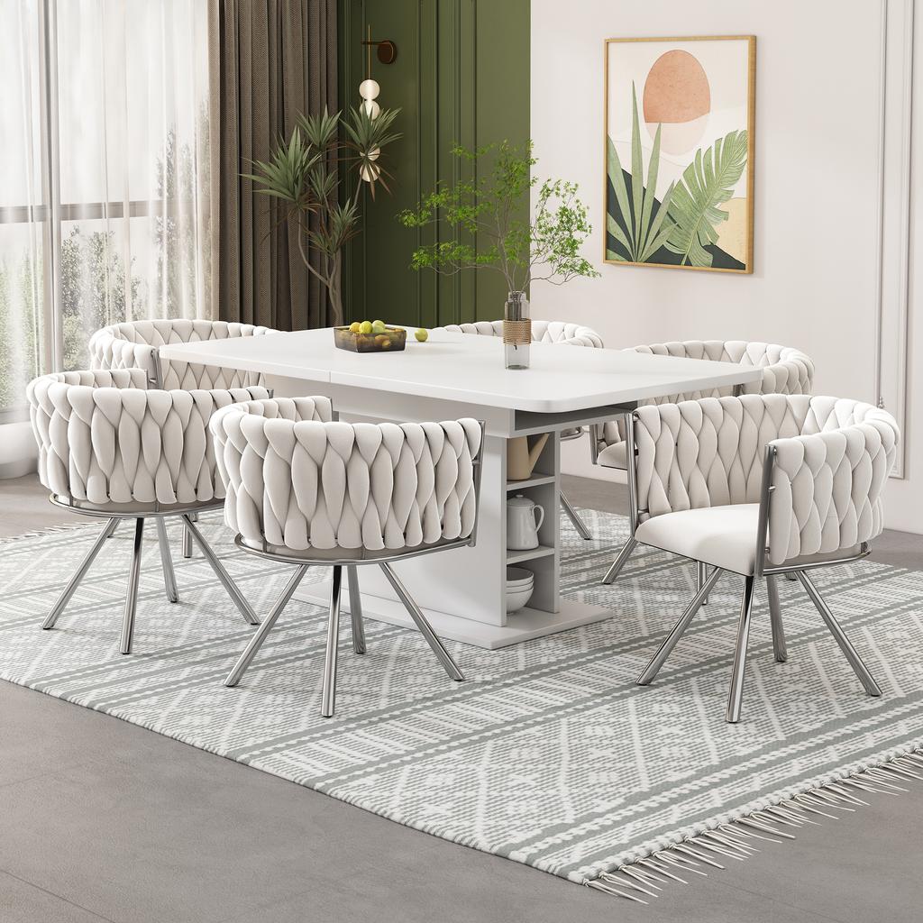 Samt Esszimmerstuhl, 2er-Set, Einzelner leichter Luxus Wohnzimmer Schlafzimmer Drehstuhl, Freizeit-Drehstuhl mit vier Metall-Stützbeinen, Beige+Silber