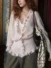 2025 Autumn/Winter Women's Korean V-neck Loose Ruffle Cardigan with Waist-cinching Slimming Knitwear