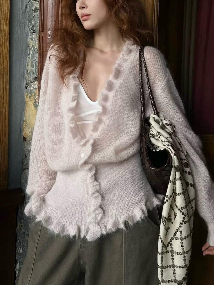 2025 Autumn/Winter Women's Korean V-neck Loose Ruffle Cardigan with Waist-cinching Slimming Knitwear
