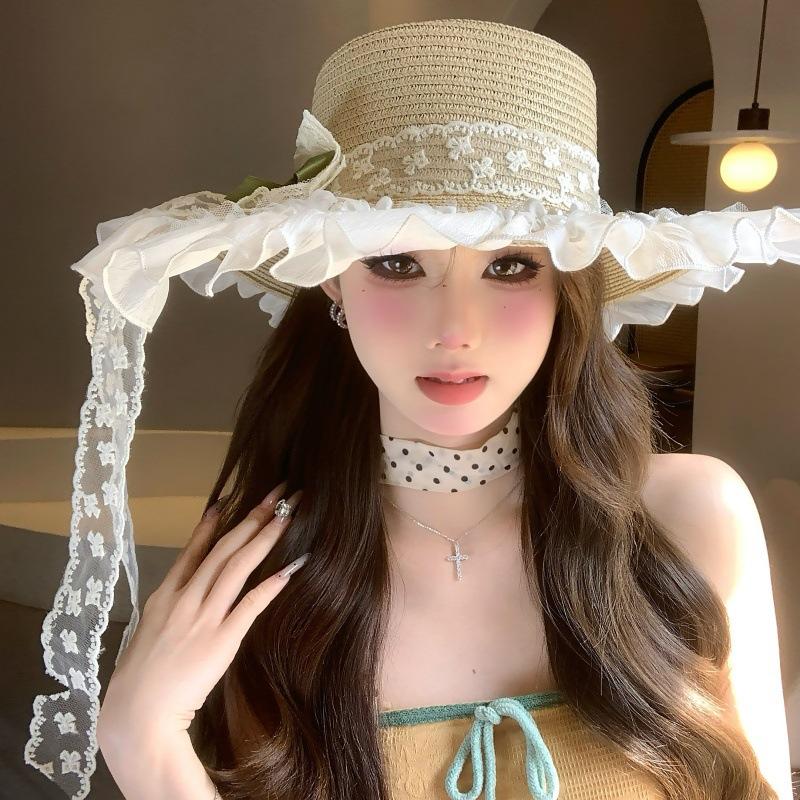 Mori Original Sweet Sun Hat Lolita Pastoral Straw Hat Sunscreen Lace Mesh Streamer Bow Hat Beauty