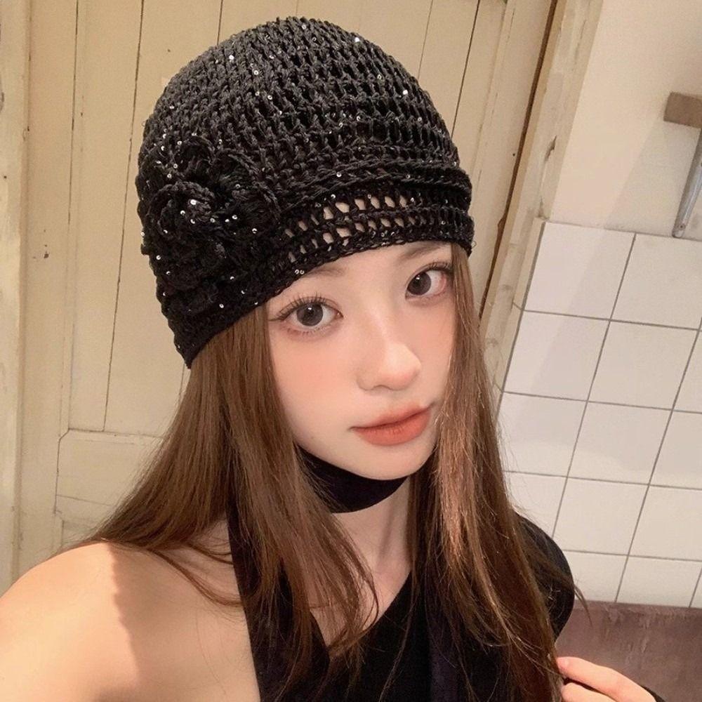 Y2k Flower Knitted Caps Hollow Beanies Cap Casual Sequin Crochet Hat  Streetwear