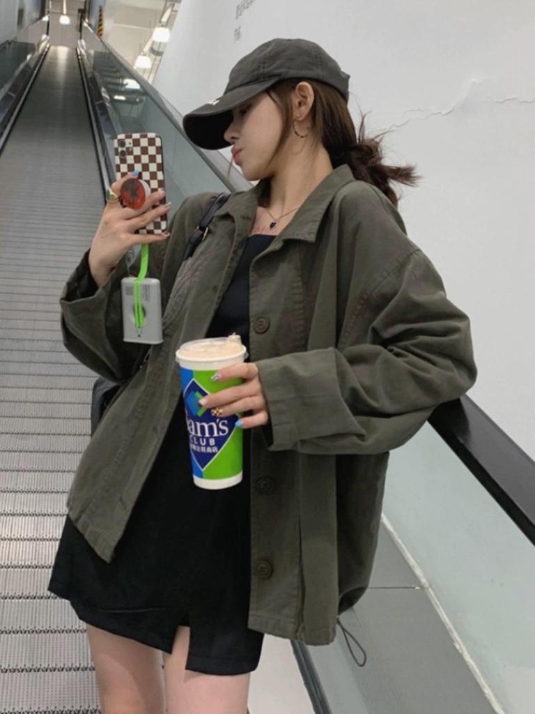 Korean Green Workwear Windbreaker: Women's Retro Petite Spring-Autumn Casual Short Loose Jacket